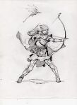  1girl absurdres aiming armor arrow_(projectile) bow_(weapon) bracer closed_mouth commentary dagger dragon drawing_bow english_commentary from_side greaves greyscale highres holding holding_arrow holding_bow_(weapon) holding_weapon ink_(medium) inktober leather_armor legs_apart long_hair manuel_castanon miniskirt monochrome original pointy_ears sandals scan sheath sheathed simple_background skirt solo toenails traditional_media weapon white_background 