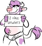  anthro beard bovid bovine briefs bulge cattle clothing english_text facial_hair fur goronic hair horn male mammal mustache overweight overweight_anthro overweight_male pink_nose purple_body purple_fur purple_hair sign simple_background solo text tighty_whities underwear white_background white_body white_clothing white_fur white_underwear 