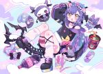  aeruusa animal bandaid bird blush boots candy coca_cola collar food game_console garter hoodie lollipop mask ozuka_roki pocky purple_hair short_hair tail yellow_eyes 