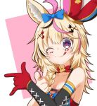  ;q animal_ear_fluff animal_ears arms_up bishoujo_senshi_sailor_moon black_sleeves blonde_hair bow bowtie breasts cleavage club_(shape) commentary crown detached_sleeves diamond_(shape) facial_mark fox_ears gloves hair_ornament heart heart-shaped_pupils highres hololive long_hair looking_at_viewer medium_breasts omaru_polka one_eye_closed parody pink_background pointing pointing_at_viewer purple_eyes red_gloves red_neckwear single_glove single_sleeve spade_(shape) standing symbol-shaped_pupils tongue tongue_out tsuki_ni_kawatte_oshioki_yo two-tone_background upper_body white_background x_hair_ornament yugudora 