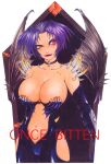  1girl areola_slip areolae bat_wings breasts cleavage coffin fangs ko@ri large_breasts lips navel original purple_hair red_eyes short_hair simple_background solo traditional_media vampire white_background wings 