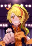  1girl alternate_costume blonde_hair chain clenched_hand eyes_visible_through_hair green_hair hair_over_one_eye happy_birthday holding jyon long_hair multicolored_hair nikaidou_saki official_alternate_costume orange_eyes orange_hair orange_shirt ponytail shirt short_sleeves smile solo stage_lights streaked_hair sweat teeth zombie_land_saga 