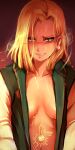  1girl android_18 blonde_hair blush breasts cherry_in_the_sun dragon_ball dragon_ball_z earrings green_jacket jacket jewelry long_sleeves looking_to_the_side open_clothes open_jacket red_background short_hair smile steam sweat sweating_profusely videl wet white_sleeves yuri 