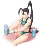  1girl antenna_hair bangs bare_shoulders bottle breasts brown_hair character_name closed_mouth collarbone exercise green_bloomers green_buruma green_footwear green_panties green_sports_bra grey_eyes hair_between_eyes highres ibuki_(street_fighter) impossible_clothes leg_up md5_mismatch medium_breasts midriff ninja noppo_(tarstation) official_alternate_costume olympian_bloomers panties ponytail resolution_mismatch shoes simple_background sitting sneakers solo source_smaller sports_bikini sports_bra street_fighter street_fighter_v street_fighter_zero_(series) stretch tying_footwear underwear watch water_bottle white_background wristband wristwatch 