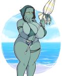  anthro beach big_breasts bikini bikini_bottom bikini_top breasts cephalopod clothing female green_body green_skin hood horizontal_pupils huge_breasts iriedono marine mind_flayer mollusk multicolored_body multicolored_skin non-mammal_breasts parasol pupils rho_(iriedono) sea seaside solo standing swimwear tentacles two_tone_body two_tone_skin water yellow_eyes 