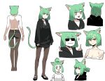  1girl absurdres animal_ear_fluff animal_ears black_hoodie black_legwear black_shorts bra breasts breath cat_ears cat_girl cat_tail character_sheet cleavage closed_mouth collarbone commentary_request ear_piercing eyebrows_visible_through_hair fangs flip-flops from_behind full_body green_hair hands_up highres hood hood_down hoodie korean_commentary looking_at_viewer looking_away meow_nyang middle_finger orange_eyes original pantyhose piercing sandals shirt short_hair shorts simple_background smile sparkle standing strap_slip sunglasses t-shirt tail topknot topless underwear upper_body white_background white_bra white_shirt 