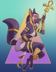  2021 4_toes 5_fingers amber_eyes ankh anklet anthro anubian_jackal anubis armlet barefoot big_breasts bracelet breasts canid canine canis clothing colored_nails conditional_dnp deity ear_piercing ear_ring egyptian egyptian_headdress egyptian_mythology eyeshadow feet female fingers fur hair hi_res jackal jewelry kadath looking_at_viewer makeup mammal middle_eastern_mythology multiple_piercings mythology nails nipple_outline open_mouth piercing pink_hair pink_nose purple_body purple_fur seductive shin_guards signature solo staff tail_jewelry tail_ring toes tongue tongue_out topwear translucent translucent_hair yellow_eyeshadow yellow_nails 