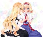  2girls alice_margatroid bangs black_dress blonde_hair blue_dress blue_eyes blush capelet closed_mouth dress eyebrows_visible_through_hair frilled_dress frilled_hairband frills hair_between_eyes hairband holding_hands interlocked_fingers kirisame_marisa long_hair multiple_girls nanase_nao profile puffy_short_sleeves puffy_sleeves red_hairband red_neckwear shirt short_sleeves sleeveless sleeveless_dress starry_background touhou very_long_hair white_capelet white_shirt yellow_eyes 