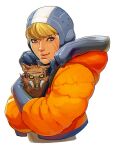  1girl animal animal_hug apex_legends blonde_hair blue_eyes blue_gloves burn_scar cat english_commentary gas_mask gloves goggles holding holding_animal holding_cat hood hood_down hooded_jacket jacket lips nikola_(apex_legends) orange_jacket puffer_jacket scar scar_on_cheek scar_on_face short_hair skullcap wattson_(apex_legends) white_background zitszy 