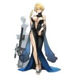  1girl bag bare_shoulders black_dress blonde_hair blue_dress blue_eyes blush breasts bug butterfly character_name closed_mouth commentary_request copyright_name cup dress dress_flower drinking_glass earrings eyebrows_visible_through_hair girls_frontline gun hair_ornament high_heels holding holding_bag holding_cup insect jewelry large_breasts looking_at_viewer medium_hair mole mole_under_eye nail_polish necklace official_art pink_nails rifle siqi_(miharuu) snowflake_hair_ornament solo standing vsk-94 vsk-94_(girls_frontline) weapon wine_glass yellow_footwear 