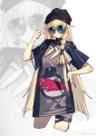  1girl absurdres beanie blonde_hair braid chinese_commentary commentary_request cowboy_shot earrings girls_frontline hand_on_hip hat highres jewelry long_hair looking_at_viewer messy_hair oop short_sleeves side_braid single_braid smile solo sunglasses thigh_strap thumbs_up vhs_(girls_frontline) zoom_layer 