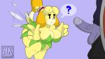  absurd_res animal_crossing anthro balls big_breasts blonde_hair blush breasts canid canine canis cleavage clothed clothing disney domestic_dog erection female foreskin genitals hair hi_res isabelle_(animal_crossing) male mammal mklancer00 nintendo penis retracted_foreskin short_stack tinkerbell uncut video_games yellow_body 