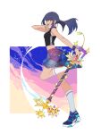  1girl blue_hair boybun crop_top earrings highres jewelry keyblade kingdom_hearts kneehighs looking_at_viewer open_mouth orange_eyes see-through_skirt shoes shorts simple_background skirt skuld_(kingdom_hearts) smile solo 