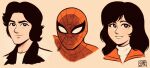  1970s_(style) 1girl 2boys bangs beige_background black_hair black_jacket bright_pupils english_commentary jacket jordan_gibson looking_at_viewer looking_to_the_side marvel mask multiple_boys red_jacket retro_artstyle sakuma_hitomi shirt smile spider-man spider-man_(series) spider-man_(toei) superhero symbol_commentary teeth tokusatsu upper_body white_pupils white_shirt yamashiro_takuya 