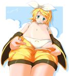  blonde_hair blush breasts cyprus flat_chest from_below green_eyes hair_ornament hair_ribbon hairclip kagamine_rin mouth_hold open_fly panties ribbon shirt_lift short_hair shorts small_breasts solo underboob underwear undressing unzipped vocaloid 
