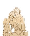  1girl blush closed_eyes dress gloves jewelry long_hair mella monochrome necklace octopath_traveler ponytail scarf short_hair simple_background sleeping smile therion_(octopath_traveler) tressa_(octopath_traveler) 
