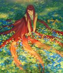  1girl absurdly_long_hair arm_support barefoot dress flower grass highres holy_pumpkin long_hair looking_at_viewer naruto_(series) naruto_shippuuden red_hair shade sitting smile solo toes uzumaki_kushina very_long_hair wariza 