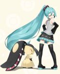  1girl absurdres bangs black_footwear black_skirt boots closed_eyes crossover detached_sleeves eyelashes floating_hair gen_3_pokemon green_hair grey_shirt hair_between_eyes hair_ornament hands_on_hips hatsune_miku highres long_hair mawile open_mouth pigeon-toed pleated_skirt pokemon pokemon_(creature) ponytail reirou_(chokoonnpu) shiny shiny_hair shirt skirt sleeveless sleeveless_shirt smile standing symbol_commentary thigh_boots thighhighs tongue vocaloid |d 