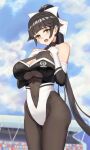  1girl azur_lane black_hair black_legwear blue_sky blurry bodystocking breasts brown_eyes chinese_commentary cleavage_cutout clothing_cutout cloud commentary_request cowboy_shot day depth_of_field hair_flaps highleg highleg_leotard highres large_breasts leotard logo long_hair looking_at_viewer official_alternate_costume outdoors pantyhose ponytail race_queen revision ribbon ruan_weidao sky solo takao_(azur_lane) takao_(full_throttle_charmer)_(azur_lane) two-tone_leotard white_ribbon 