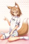  1girl animal_ear_fluff animal_ears bangs breasts brown_eyes brown_hair chima_q commentary_request corked_bottle covered_navel eyebrows_visible_through_hair fox_ears fox_girl fox_shadow_puppet fox_tail hair_between_eyes heart highres holding_test_tube kudamaki_tsukasa looking_at_viewer no_shoes onesie parted_lips puffy_short_sleeves puffy_sleeves short_hair short_sleeves simple_background sitting small_breasts smile socks solo tail test_tube textless touhou wariza white_legwear 