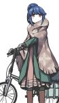  1girl absurdres bicycle blue_hair boots brown_eyes ground_vehicle hair_bun highres n2midori shawl shima_rin solo white_background yurucamp 