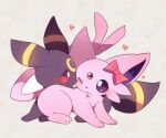  blush bow commentary_request creature espeon eye_contact gen_2_pokemon heart highres looking_at_another no_humans one_eye_closed paws pink_bow pokemon pokemon_(creature) purple_eyes toes umbreon yupo_0322 