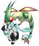  1girl absurdres bangs black_legwear black_skirt breasts collared_shirt commentary_request crossover detached_sleeves eyelashes floating_hair flygon gen_3_pokemon green_eyes green_hair green_neckwear hair_between_eyes hatsune_miku highres long_hair looking_up necktie open_mouth pleated_skirt pokemon pokemon_(creature) reirou_(chokoonnpu) shirt skirt sleeveless sleeveless_shirt smile thighhighs tongue twintails vocaloid 