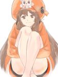  1girl anchor brown_eyes brown_hair closed_mouth guilty_gear hat highres hood hoodie long_hair looking_at_viewer may_(guilty_gear) orange_headwear orange_hoodie orange_shirt pirate_hat shirt simple_background smile solo toutoumi white_background 