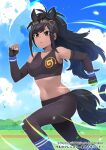  1girl animal_ears bare_shoulders black_gloves black_hair black_legwear blue_sky breasts bridle brown_eyes brown_thoroughbred_(kemono_friends) clenched_hands cloud collarbone commentary_request dark-skinned_female dark_skin day elbow_gloves extra_ears eyebrows_visible_through_hair eyes_visible_through_hair feet_out_of_frame fingerless_gloves gloves happa_(cloverppd) horse_ears horse_girl horse_tail japari_symbol kemono_friends kemono_friends_3 leaf leaves_in_wind long_hair looking_away medium_breasts midriff navel official_art outdoors pantyhose ponytail running sidelocks sky solo sports_bra tail wind wristband 