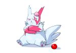  9gojonnybgo :&lt; absurdres apple closed_mouth food frown fruit full_body gen_3_pokemon head_bump highres looking_at_viewer pokemon pokemon_(creature) simple_background sitting solo symbol_commentary white_background white_fur zangoose 