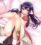  1girl animal_ears ass bangs black_hair blush boots bra breasts brown_capelet cameltoe commentary_request covered_nipples eyebrows_visible_through_hair foot_out_of_frame hair_between_eyes long_hair looking_at_viewer lying mage_(ragnarok_online) medium_breasts mimiket on_back on_bed open_mouth pelvic_curtain pillow ragnarok_online red_bra red_footwear red_skirt sanom shiny shiny_hair showgirl_skirt skirt solo underwear 