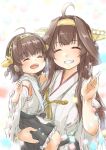 2girls absurdres ahoge black_skirt brown_hair carrying child closed_eyes detached_sleeves double_bun facing_viewer frilled_skirt frills fyuo grin hairband hakama_skirt headgear highres if_they_mated japanese_clothes jewelry kantai_collection kongou_(kancolle) long_hair mother_and_daughter multiple_girls ribbon-trimmed_sleeves ribbon_trim ring short_hair skirt smile wedding_band white_background 