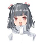  1girl bangs black_hair blunt_bangs cropped_torso grey_jacket highres jacket jitomi_monoe magnet mainichi_ga_nichiyoubi_(sunday_dw) open_mouth red_eyes short_hair sketch smile solo two-tone_jacket upper_body virtual_youtuber voms white_background white_jacket zipper_pull_tab 