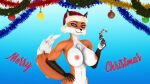  2020 3d_(artwork) absurd_res anthro bell bell_collar blue_eyes breasts candy candy_cane canid canine cheek_tuft chest_tuft christmas christmas_clothing christmas_headwear clothing collar dessert digital_media_(artwork) exposed_breasts facial_tuft female food fox fur gold97fox hat headgear headwear hi_res hip_grab holidays looking_at_viewer mammal nipples nude orange_body orange_fur ornaments red_fox santa_hat smile smiling_at_viewer solo source_filmmaker text tuft white_body white_fur 