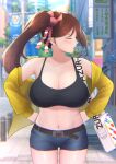  1girl alternate_costume armpits azur_lane bag bangs bare_shoulders belt black_tank_top blue_sky blurry blurry_background blush breasts brown_belt brown_hair city cleavage closed_eyes cloud collarbone commentary_request covered_nipples cowboy_shot crop_top day denim denim_shorts facing_away groin hair_between_eyes hair_ornament hands_on_hips high_ponytail jacket juuichiban large_breasts long_hair long_sleeves midriff navel off_shoulder open_mouth outdoors ponytail road shirt short_shorts shorts shoulder_bag sidelocks sky solo standing street tank_top taut_clothes taut_shirt very_long_hair yellow_jacket zuikaku_(azur_lane) 