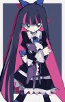  1girl absurdres bangs black_dress black_hair black_legwear blue_bow blue_legwear blunt_bangs bow dress green_eyes hair_bow highres honekoneko_(psg) juliet_sleeves long_hair long_sleeves mamimu_(ko_cha_22) multicolored_hair panty_&amp;_stocking_with_garterbelt pantyhose pink_hair puffy_sleeves solo striped striped_legwear stuffed_animal stuffed_cat stuffed_toy two-tone_hair 