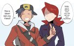 2boys backwards_hat bangs baseball_cap black_hair closed_eyes commentary couple english_text ethan_(pokemon) grin hat jacket long_hair looking_at_another male_focus multiple_boys parted_lips pokemon pokemon_(game) pokemon_hgss red_hair saturday_(hokawazu) scene_reference silver_(pokemon) simple_background smile speech_bubble sweatdrop swept_bangs thumbs_up turtleneck upper_body zipper_pull_tab 