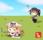  2girls ? artist_name black_legwear black_ribbon black_serafuku blonde_hair blue_hakama blue_sky brown_hair chibi closed_eyes cloud commentary_request day grass hair_flaps hair_ornament hair_ribbon hairclip hakama hakama_skirt hole horizon japanese_clothes kaga_(kancolle) kantai_collection long_hair multiple_girls neckerchief pantyhose red_neckwear remodel_(kantai_collection) ribbon scarf school_uniform serafuku side_ponytail sky taisa_(kari) tasuki triangle_mouth watering_can white_scarf yuudachi_(kancolle) 