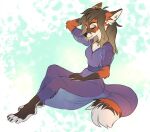  2021 4_toes 5_fingers anthro breasts brown_hair canid canine clothed clothing digital_media_(artwork) eyes_closed feet female fingers fox gimka hair mammal sitting smile toes 