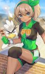  1girl :t bangs bea_(pokemon) blonde_hair blush bodysuit bodysuit_under_clothes bow_hairband breasts cloud collared_shirt commentary_request covered_navel dark-skinned_female dark_skin day dynamax_band eating eyelashes gen_8_pokemon gloves green_bodysuit green_hairband grey_eyes hair_between_eyes hairband highres holding katwo knee_pads looking_at_viewer outdoors partially_fingerless_gloves pokemon pokemon_(creature) pokemon_(game) pokemon_masters_ex print_shirt print_shorts shiny shiny_skin shirt short_hair short_sleeves shorts side_slit side_slit_shorts sirfetch&#039;d sitting skewer sky 