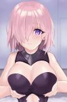  1girl bangs bare_shoulders black_leotard blush breast_hold breasts cleavage cleavage_cutout clothing_cutout collar fate/grand_order fate_(series) gudakoguda hair_over_one_eye highres large_breasts leotard light_purple_hair looking_at_viewer mash_kyrielight metal_collar navel_cutout purple_eyes short_hair smile 