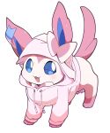  :d azuma_minatsu blue_eyes clothed_pokemon commentary_request creature full_body gen_6_pokemon highres hood hood_up hoodie no_humans open_mouth paws pink_hoodie pokemon pokemon_(creature) simple_background smile solo standing sylveon toes tongue white_background 