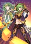  2girls alternate_costume armored_boots bangs blurry blurry_background boots braid breasts brown_legwear brown_shorts byleth_(fire_emblem) byleth_(fire_emblem)_(female) cape circlet closed_mouth commentary_request cowboy_shot dagger emblem eyebrows_visible_through_hair fire_emblem fire_emblem:_three_houses green_eyes green_hair groin hair_between_eyes hair_ornament hair_ribbon highres holding holding_sword holding_weapon knee_boots large_breasts leg_garter leggings long_hair looking_at_viewer midriff multiple_girls navel pantyhose patterned_clothing pointy_ears purple_cape ribbon ribbon_braid short_shorts shorts side_braids sidelocks smile sothis_(fire_emblem) standing sword sword_of_the_creator tiara tokisake_masoho twilight twin_braids two-tone_cape underbust vambraces weapon white_cape 