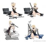  1girl bare_shoulders black_dress blonde_hair blue_dress blue_eyes blush breasts bug butterfly character_name commentary_request copyright_name cuffs dress dress_flower earrings eyebrows_visible_through_hair girls_frontline gun hair_ornament handcuffs high_heels holding holding_weapon insect jewelry large_breasts looking_at_viewer medium_hair mole mole_under_eye nail_polish necklace official_art open_mouth pink_nails rifle seiza siqi_(miharuu) sitting sketch snowflake_hair_ornament solo vsk-94 vsk-94_(girls_frontline) weapon yellow_footwear 