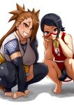  2girls :3 akimichi_chouchou asymmetrical_hair barefoot bike_shorts black_eyes black_hair black_legwear blush boruto:_naruto_next_generations brown_eyes brown_hair cameltoe glasses konakona looking_at_viewer multiple_girls naruto_(series) red-framed_eyewear semi-rimless_eyewear simple_background squatting thighhighs toeless_legwear toes uchiha_sarada 