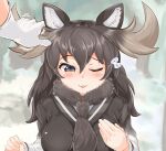  1girl animal_ears black_hair blush commentary_request day eyebrows_visible_through_hair flying_sweatdrops fur_collar gloves grey_hair hair_between_eyes hand_on_own_chest hands_up highres kemono_friends long_hair long_sleeves moose_(kemono_friends) moose_ears outdoors smile solo_focus sweatshirt upper_body wonderful_waon 