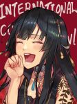  1girl ^_^ arm_tattoo bangs black_hair choker clenched_hand closed_eyes colored_inner_hair eyebrows_visible_through_hair hair_ornament henna highres laughing long_hair multicolored_hair nijisanji nijisanji_in noor_(nijisanji) open_mouth red_background red_hair solo sooon tattoo virtual_youtuber 