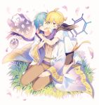  2boys aqua_eyes arms_around_neck barcode_tattoo black_collar black_shorts blonde_hair blue_hair boots brown_pants brown_shirt chain cherry_blossoms closed_eyes coat collar commentary facial_tattoo falling_petals gears gold_trim grass headphones hug hug_from_behind kagamine_len kaito multiple_boys open_mouth pants petals project_diva_(series) purple_scarf sailor_collar scarf seiza shirt short_ponytail short_sleeves shorts sinaooo sitting smile spiked_hair strange_dark_(module) tattoo violet_(module) white_coat white_footwear white_shirt 