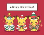  :3 brown_eyes capelet christmas chueog closed_mouth clothed_pokemon commentary fur-trimmed_capelet fur_trim gen_1_pokemon green_capelet green_headwear hat hatted_pokemon holding looking_at_viewer merry_christmas pikachu pokemon red_background santa_hat simple_background smile sparkle 