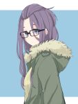  1girl bangs bangs_pinned_back blue_background blue_eyes closed_mouth coat collared_shirt commentary_request eyebrows_visible_through_hair eyes_visible_through_hair from_side fur_trim glasses green_coat green_shirt hooded_coat kagamihara_sakura long_hair looking_at_viewer looking_back purple_hair shadow shiroshi_(denpa_eshidan) shirt solo standing translucent_hair upper_body yurucamp 